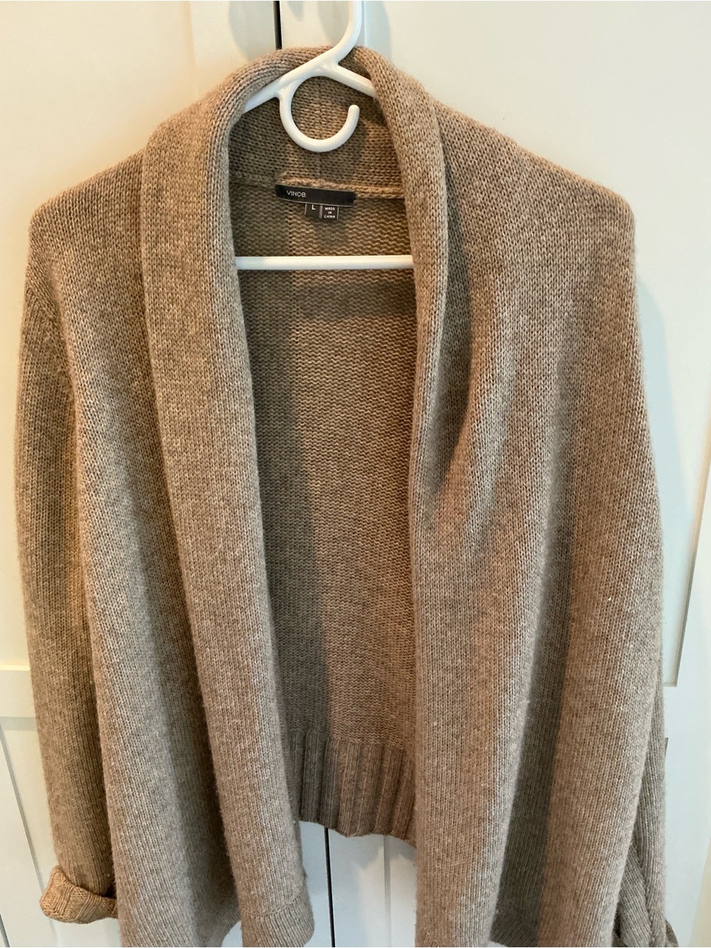Vince Neutral Taupe Open-Front Shawl Collar Cardigan